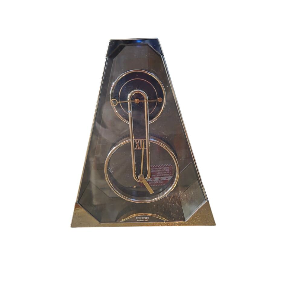 1980s Seiko Clock Quartz XII Pyramid Geometric Clear Plastic Gold Metal Works